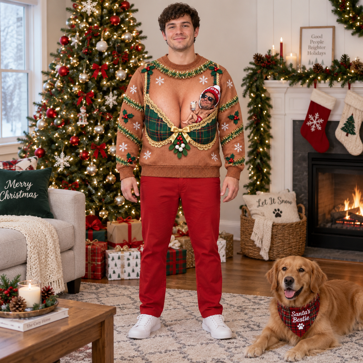 Funny Christmas Sweatshirt, Brown Novelty Plaid Bra Graphic Crewneck