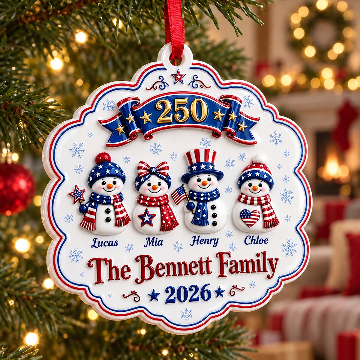 Patriotic Snowman Family of 5 America 250th Scalloped Christmas Hanging Keepsake - 3D Relief Ornament