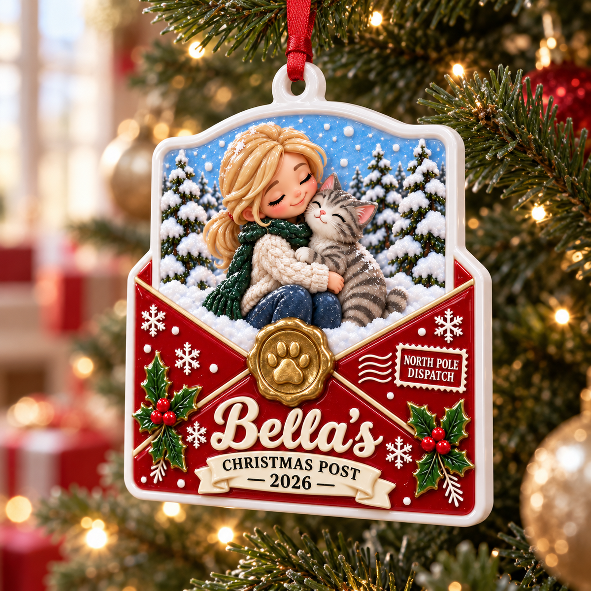 Christmas Red Envelope Winter Forest Scene with Pet Paw Wax Seal - 3D Relief Ornament
