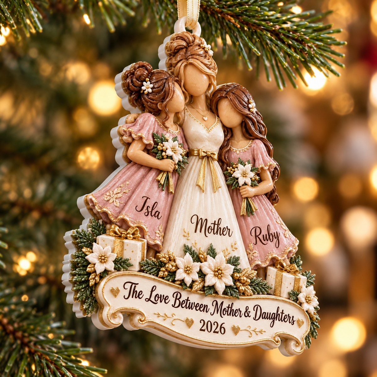 Mother and Two Daughters Holiday Keepsake with Ribbon Hanging - 3D Relief Ornament