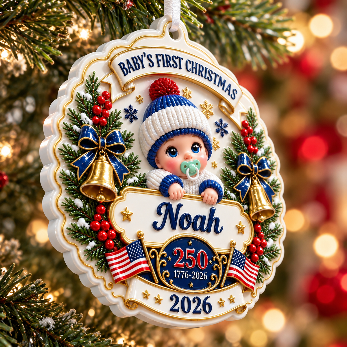 Baby's First Christmas 2026 Patriotic America 250 Hanging Plaque - 3D Relief Ornament