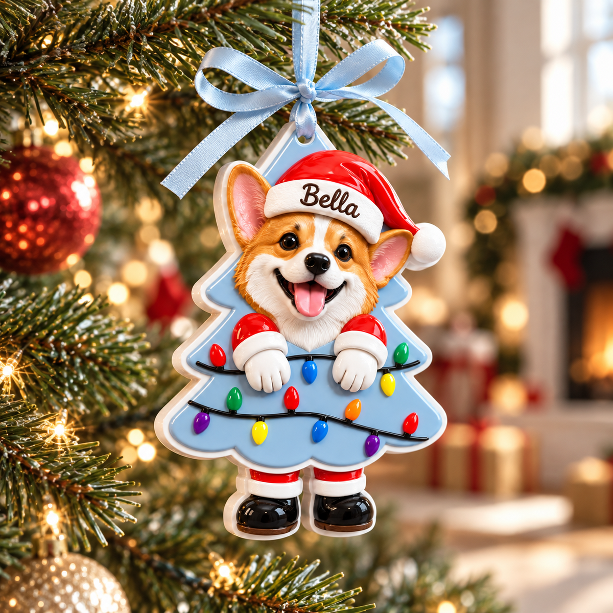 Pembroke Welsh Corgi Dog in Santa Hat Christmas Tree Holiday Hanging Decor - 3D Relief Ornament