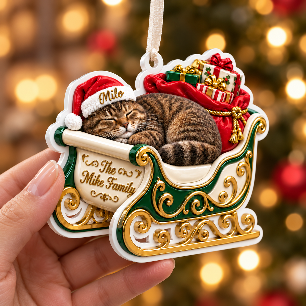 Sleeping Tabby Cat in Green and Gold Christmas Sleigh Holiday Decor - 3D Relief Ornament