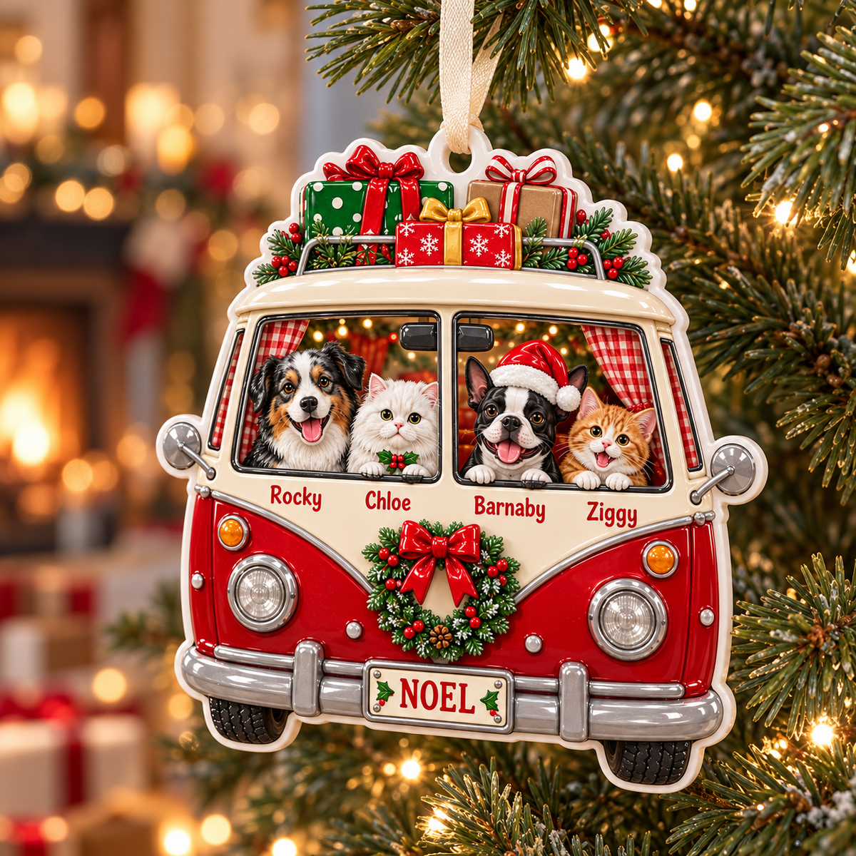 Christmas Camper Van with Dogs and Cats Holiday Hanging Keepsake - 3D Relief Ornament