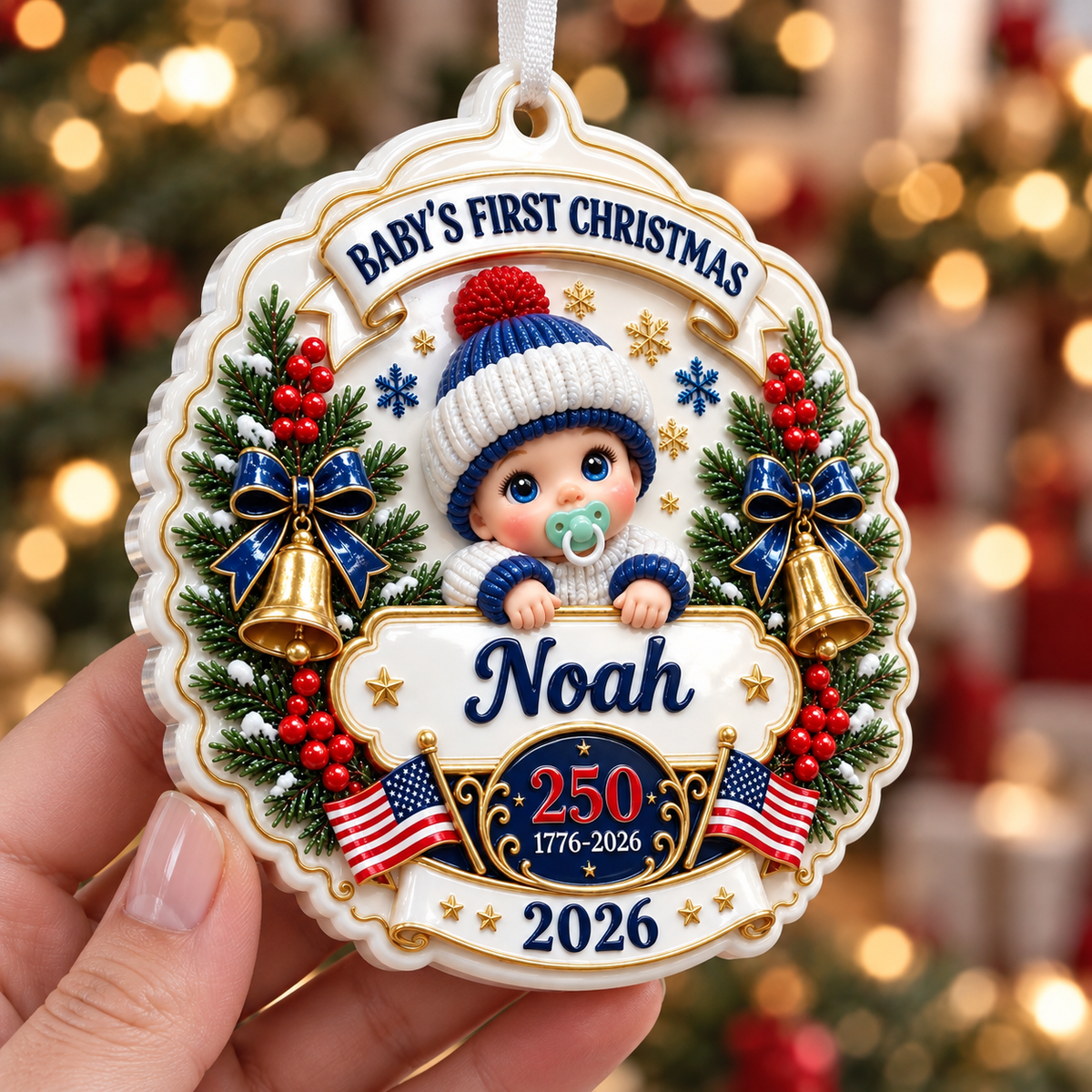 Baby's First Christmas 2026 Patriotic America 250 Hanging Plaque - 3D Relief Ornament