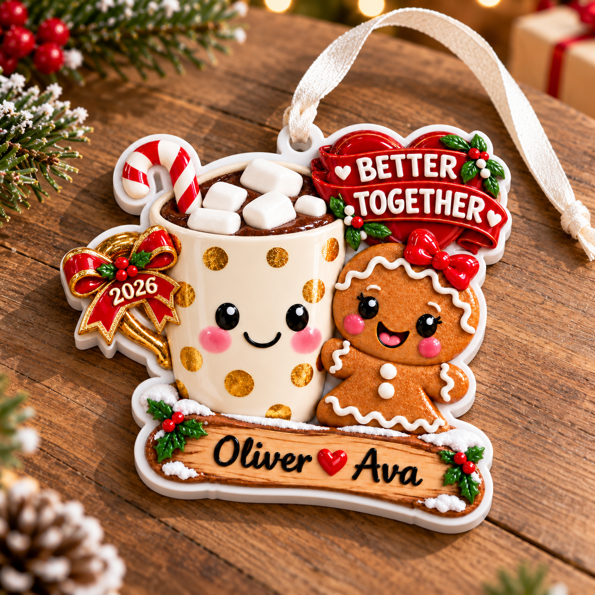 Hot Cocoa Mug and Gingerbread Couple Better Together Holiday Keepsake - 3D Relief Ornament