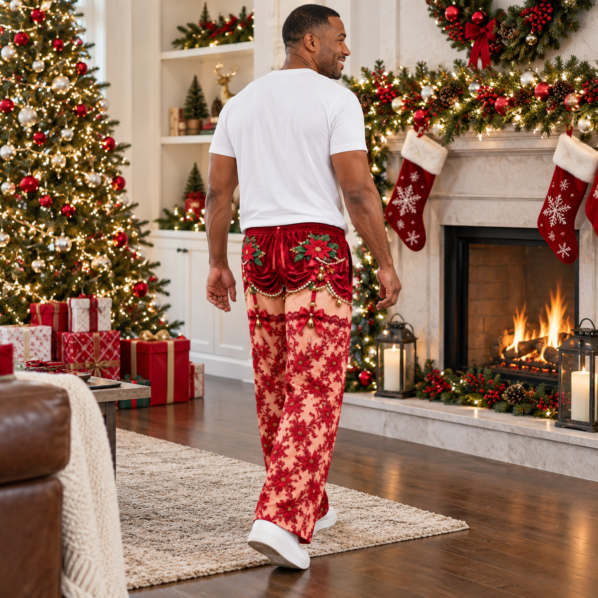 Christmas Pajama Pants Novelty Stocking Print Holiday Lounge Trousers