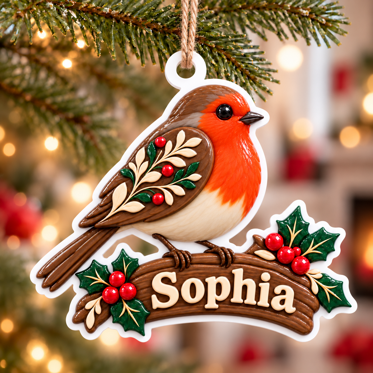 Robin Redbreast on Holly Branch Acrylic Hanging Holiday Keepsake - 3D Relief Ornament