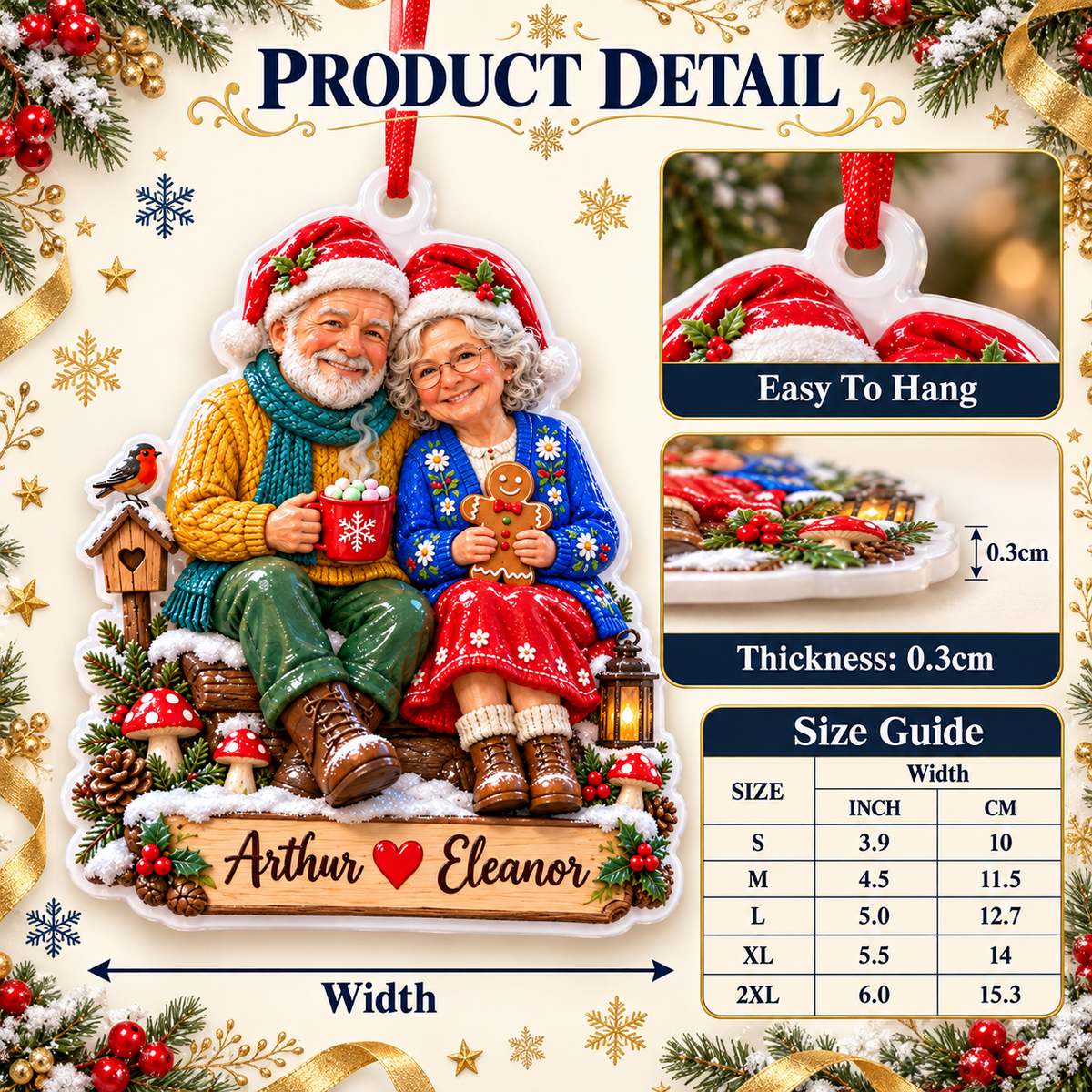 Elderly Couple Sitting on Log Winter Christmas Scene Hanging Acrylic Plaque - 3D Relief Ornament