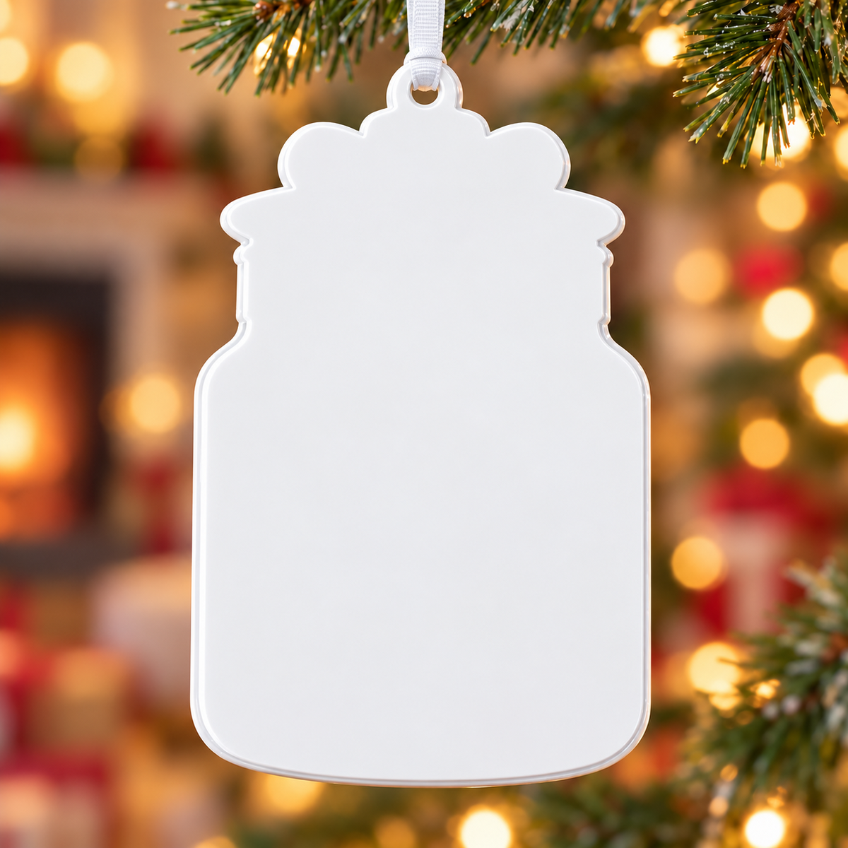 Jar Silhouette Christmas Tree Hanging Plaque, White Acrylic Winter Holiday Decor - 3D Relief Ornament