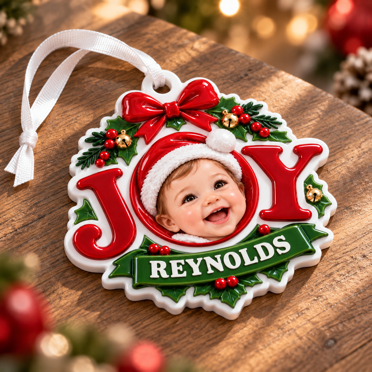 Christmas Joy Tree Hanging Frame Medallion with Red Ribbon Bow and Holly - 3D Relief Ornament