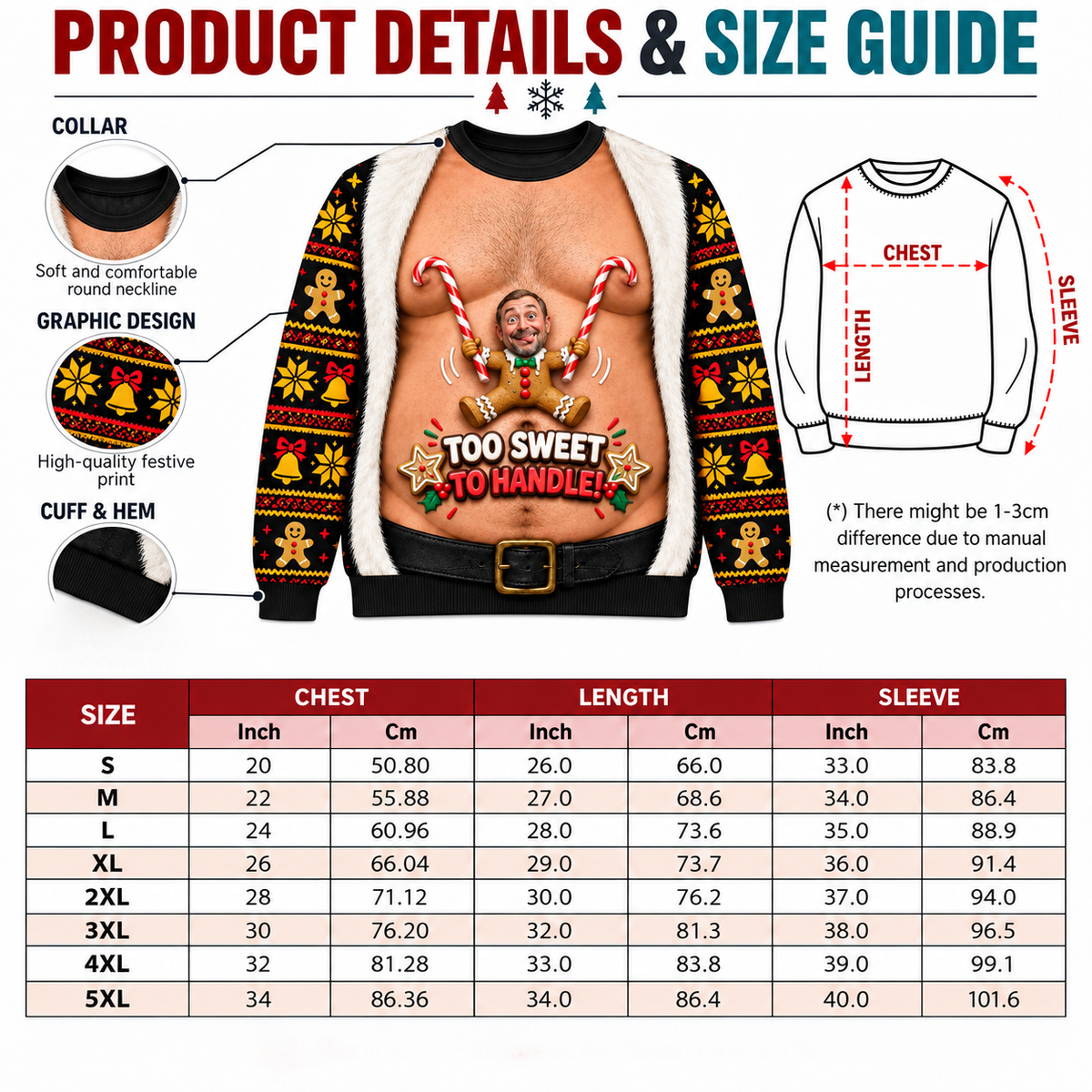 Funny Christmas Sweatshirt Faux Hairy Chest Holiday Graphic Crewneck