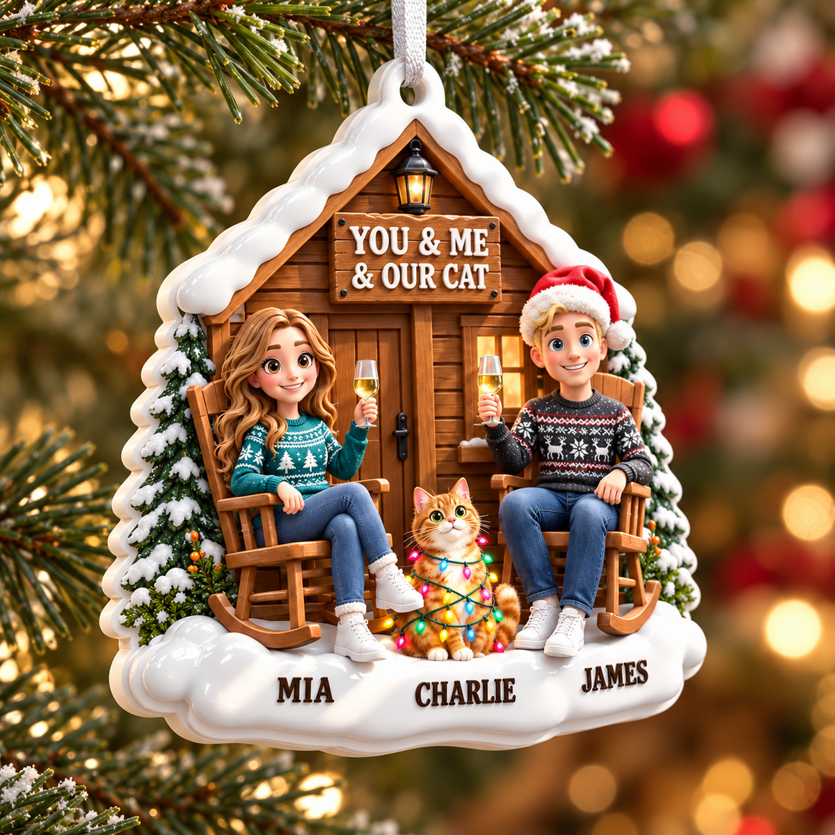 Couple and Cat Winter Log Cabin Porch Holiday Tree Hanging Keepsake - 3D Relief Ornament