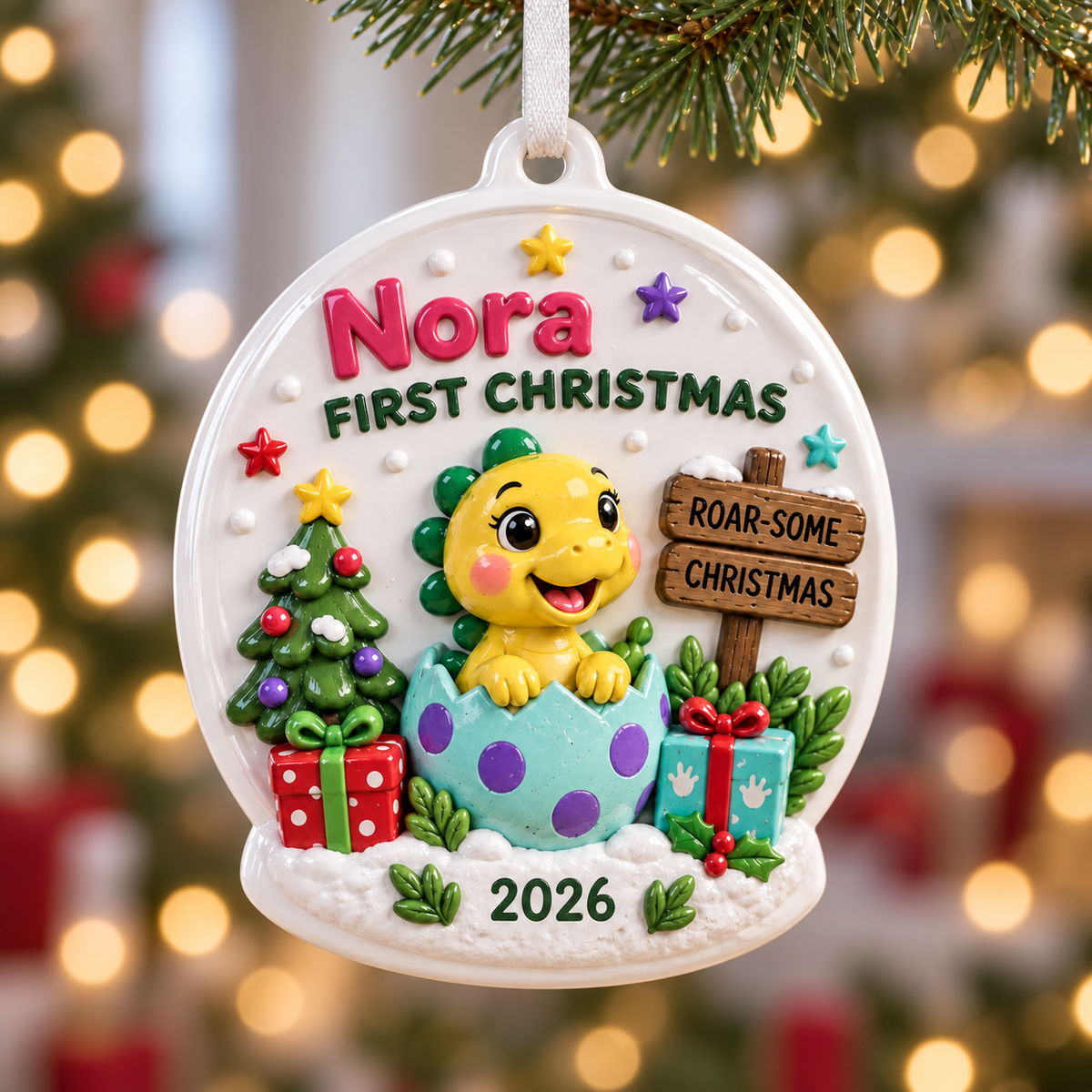Baby Dinosaur Hatching Egg First Christmas Oval Holiday Keepsake - 3D Relief Ornament