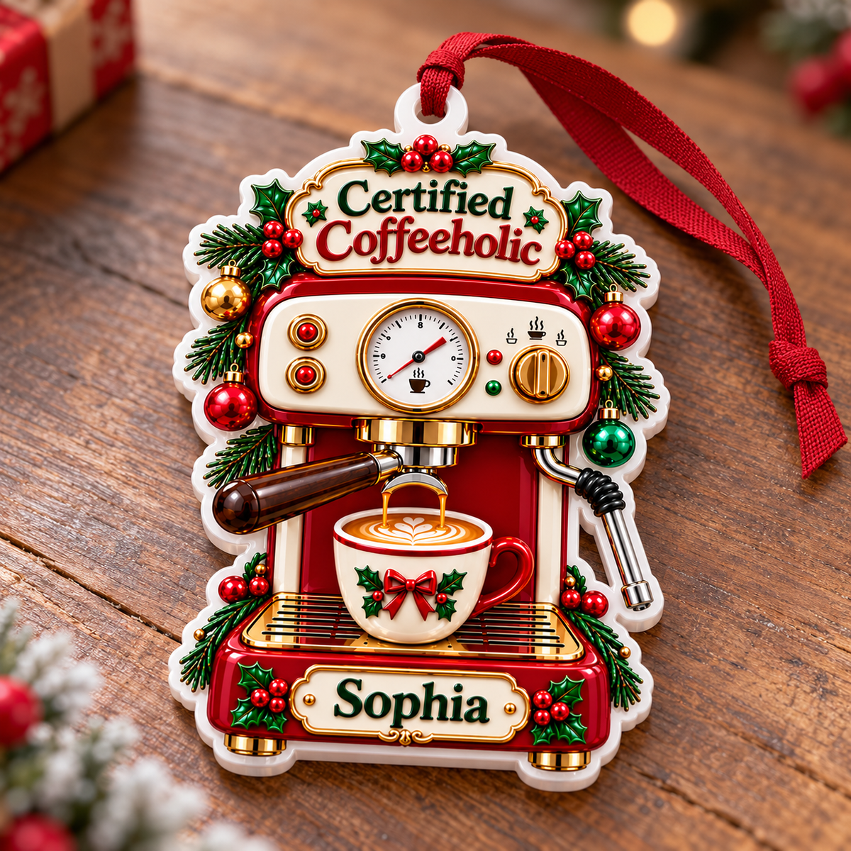 Espresso Machine Certified Coffeeholic Holiday Hanging Decor - 3D Relief Ornament