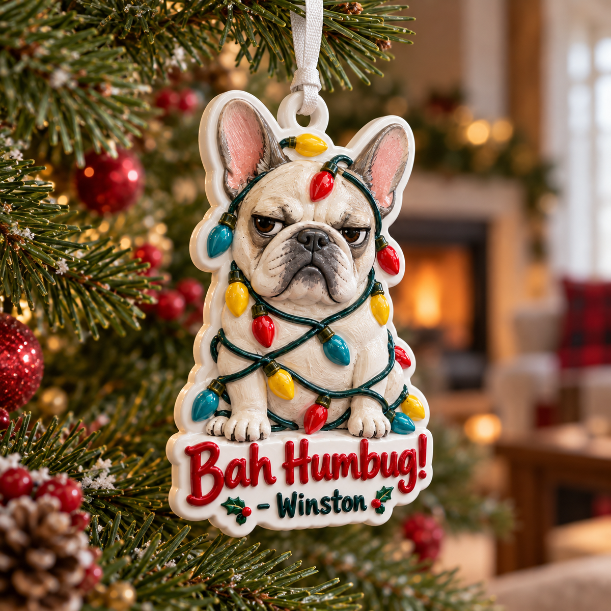 Grumpy French Bulldog Christmas Lights Bah Humbug Hanging Holiday Keepsake - 3D Relief Ornament