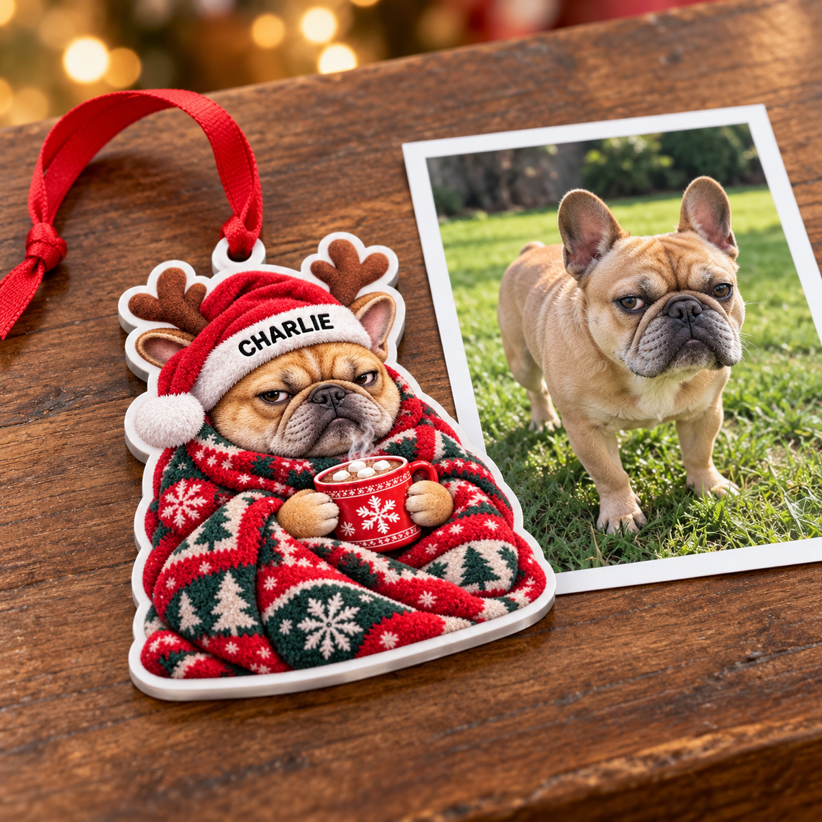 Grumpy French Bulldog in Christmas Blanket Acrylic Holiday Tree Decor - 3D Relief Ornament