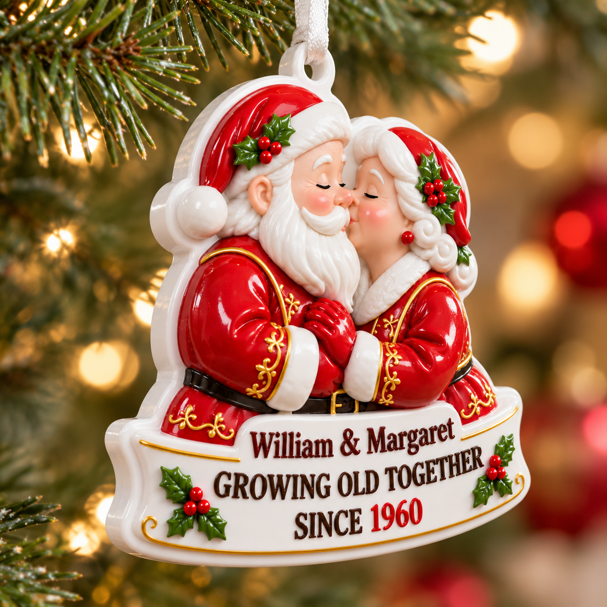 Santa and Mrs Claus Kissing Couple Holiday Hanging Decoration - 3D Relief Ornament