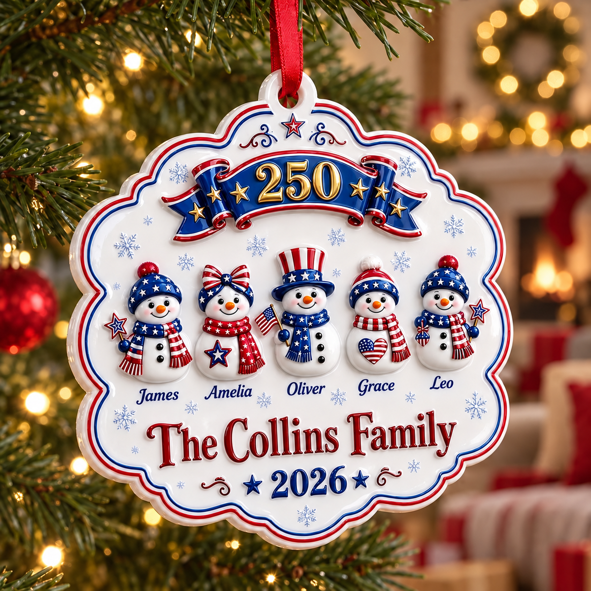 Patriotic Snowman Family of 5 America 250th Scalloped Christmas Hanging Keepsake - 3D Relief Ornament