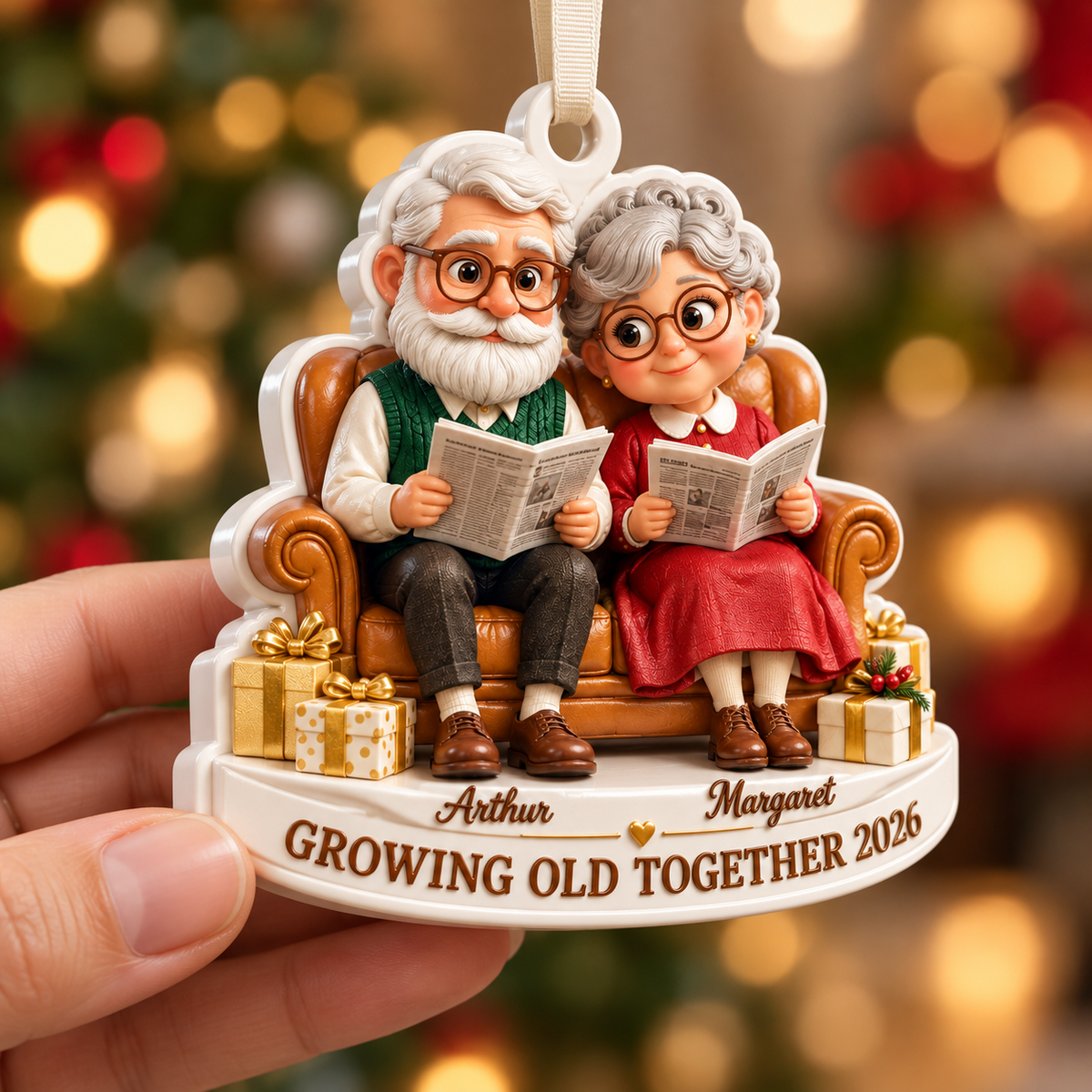Elderly Couple on Couch Christmas Holiday Keepsake - 3D Relief Ornament