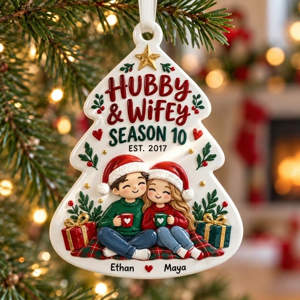 White Hubby and Wifey Christmas Tree Shaped Couple Holiday Keepsake - 3D Relief Ornament