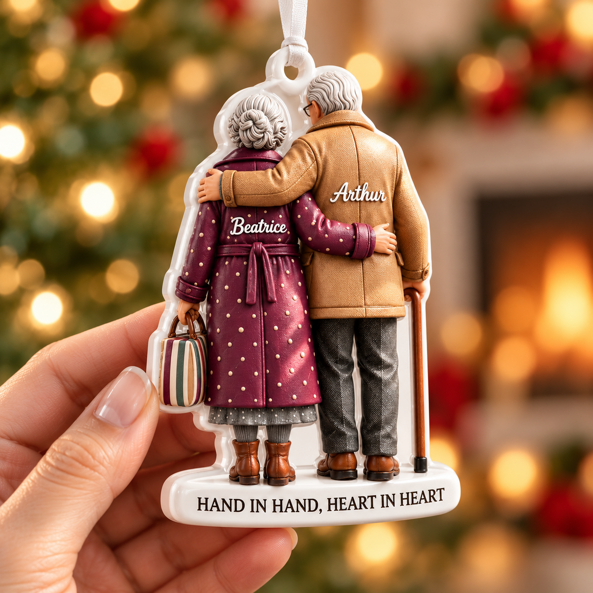 Grandparents Holiday Tree Keepsake, Elderly Couple Embracing Design - 3D Relief Ornament