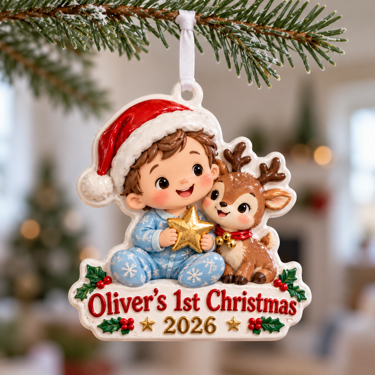 Baby Boy First Christmas Keepsake with Reindeer and Santa Hat - 3D Relief Ornament