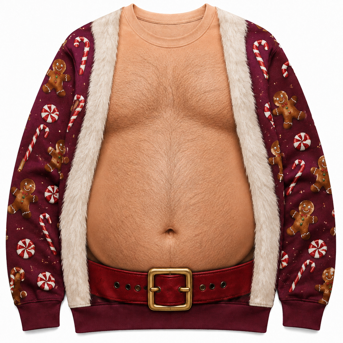Funny Ugly Christmas Sweatshirt Fake Bare Chest Belly Graphic Crewneck