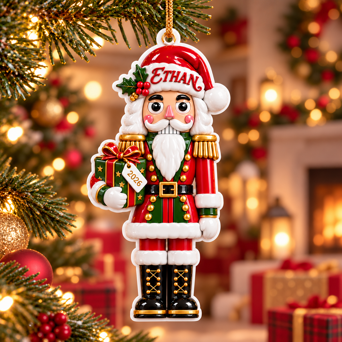 Nutcracker Soldier Holding Gift Box Acrylic Hanging Holiday Decor - 3D Relief Ornament