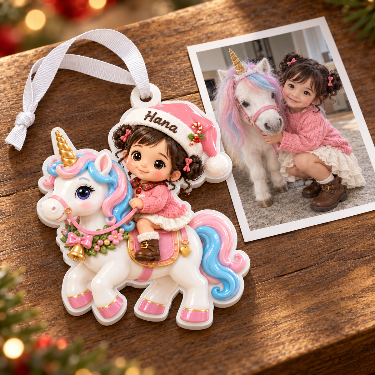 Little Girl in Pink Santa Hat Riding Unicorn Acrylic Christmas Tree Hanging Decor - 3D Relief Ornament