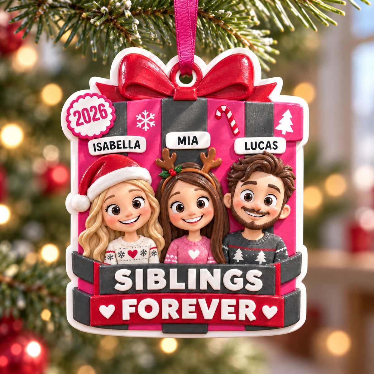 Siblings Forever Christmas Present Box Holiday Hanging Keepsake - 3D Relief Ornament