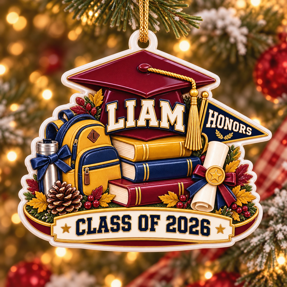Class of 2026 Academic Graduation Cap and Books Commemorative Keepsake - 3D Relief Ornament