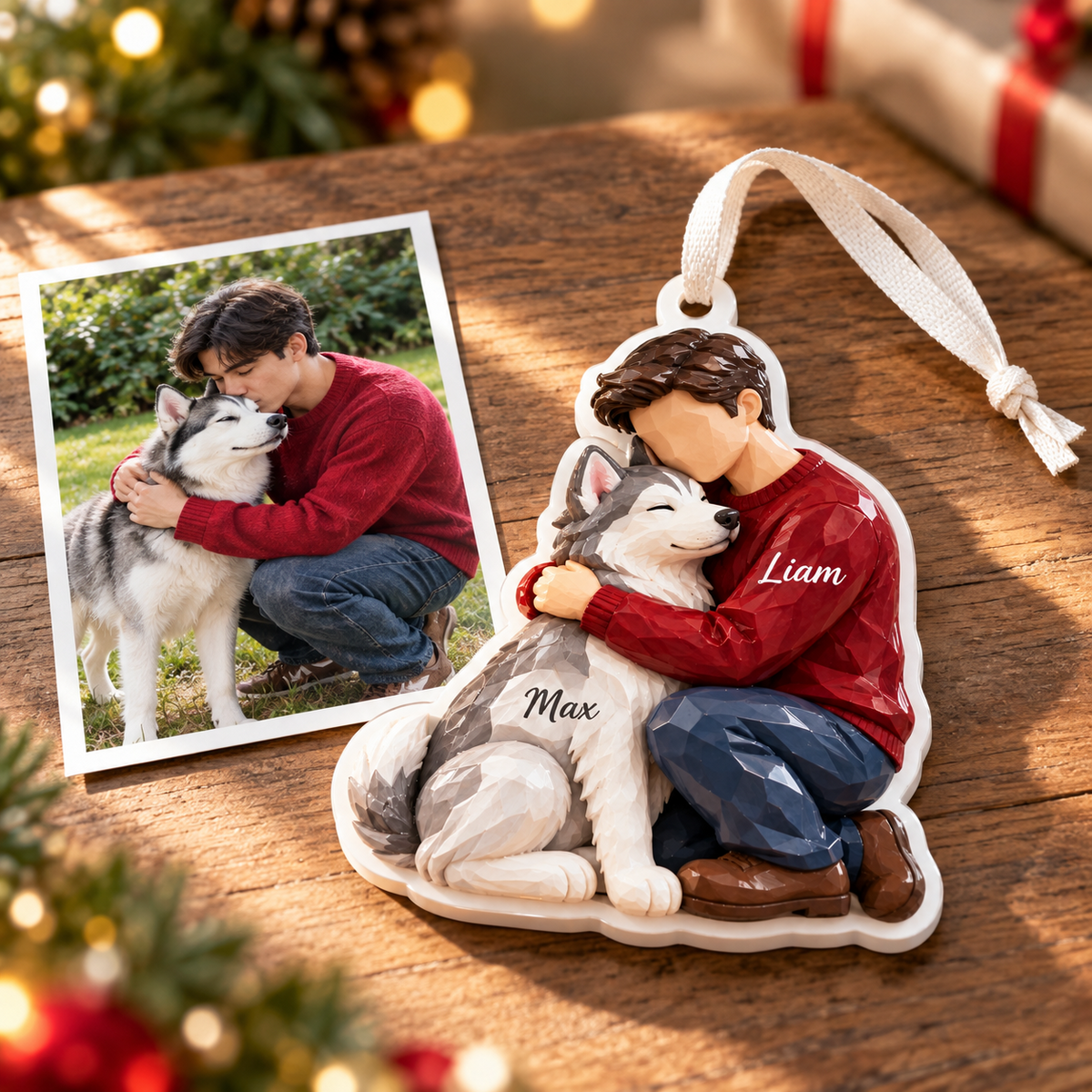 Boy Hugging Siberian Husky Dog Christmas Tree Hanging Keepsake - 3D Relief Ornament