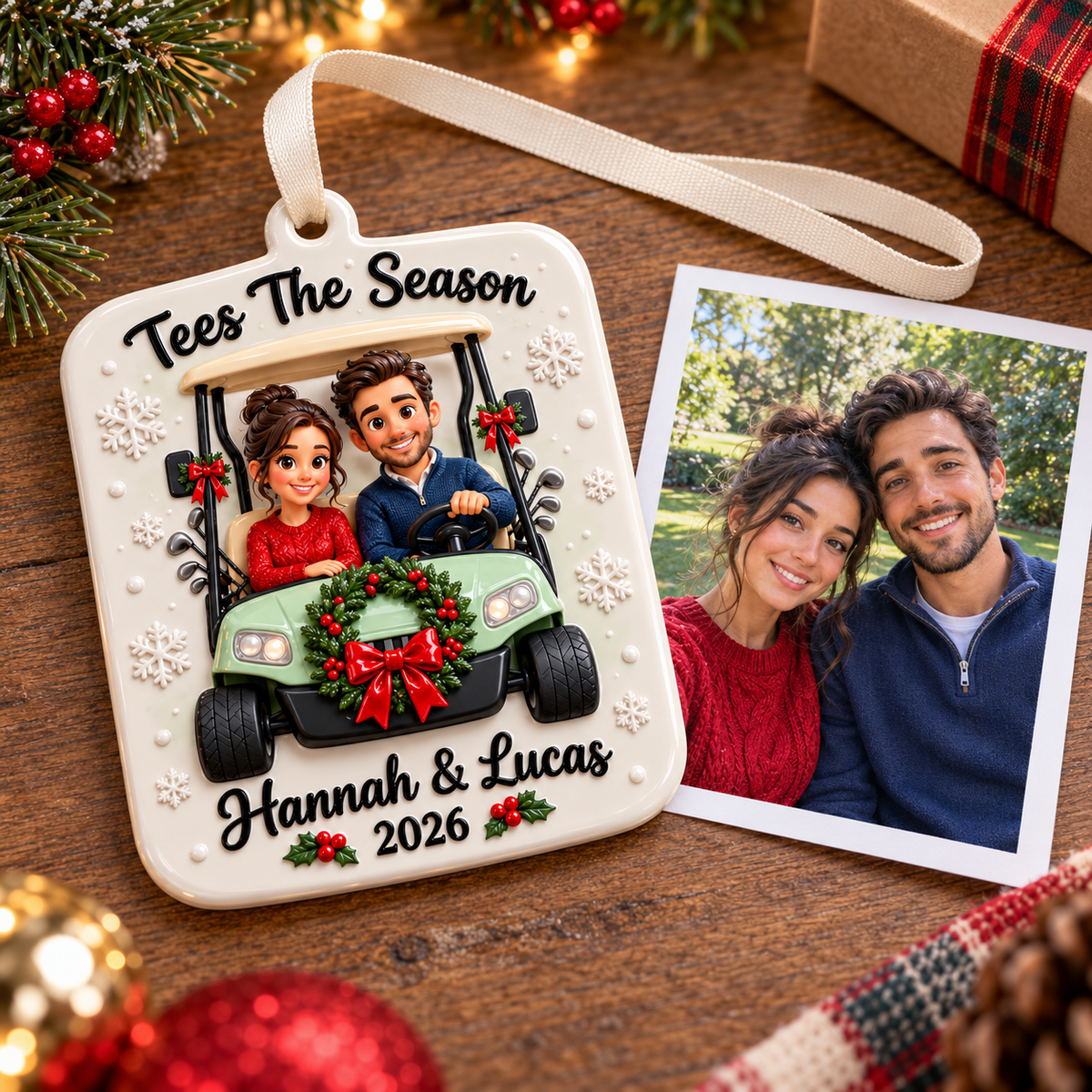 Golf Cart Couple Christmas Holiday Keepsake Plaque - 3D Relief Ornament