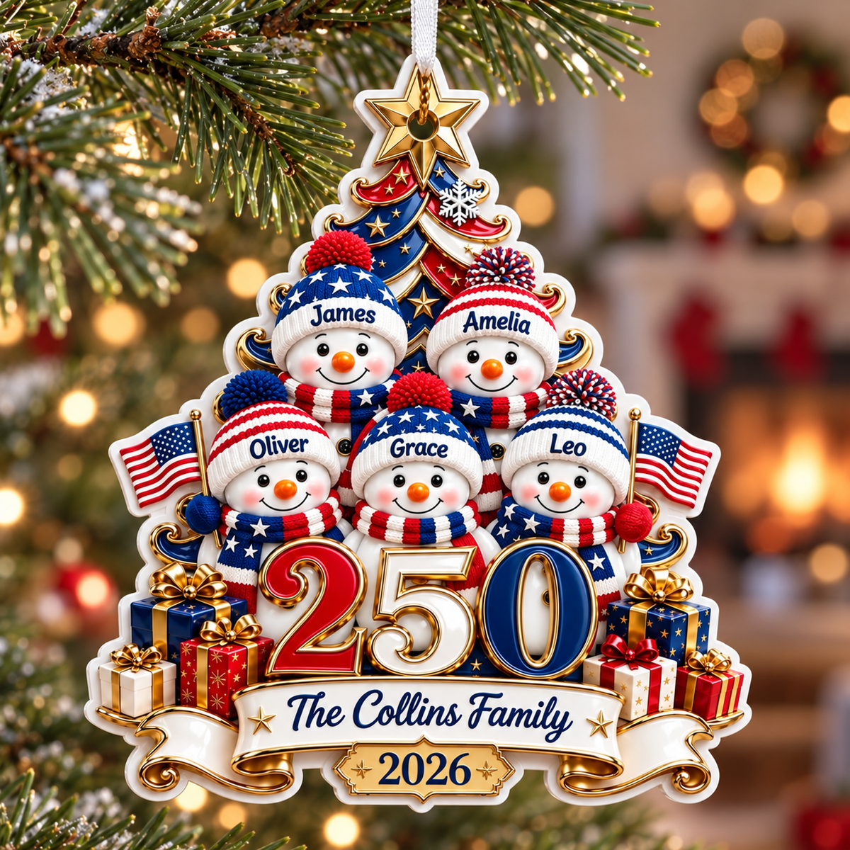 Patriotic USA 250 Snowman Family Christmas Tree Holiday Decor - 3D Relief Ornament
