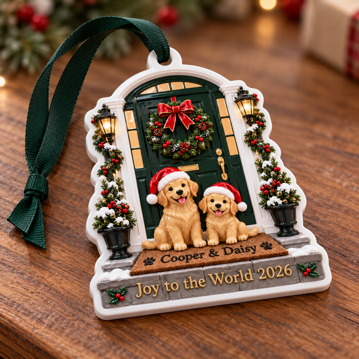 Golden Retriever Dogs at Christmas Front Door Holiday Keepsake - 3D Relief Ornament