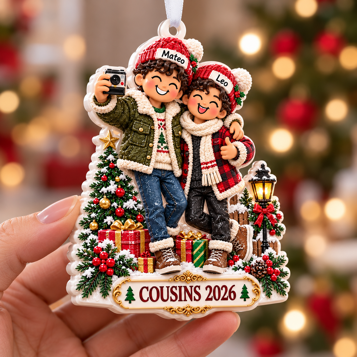 Two Boys Taking Selfie Christmas Tree Plaque Holiday Keepsake - 3D Relief Ornament