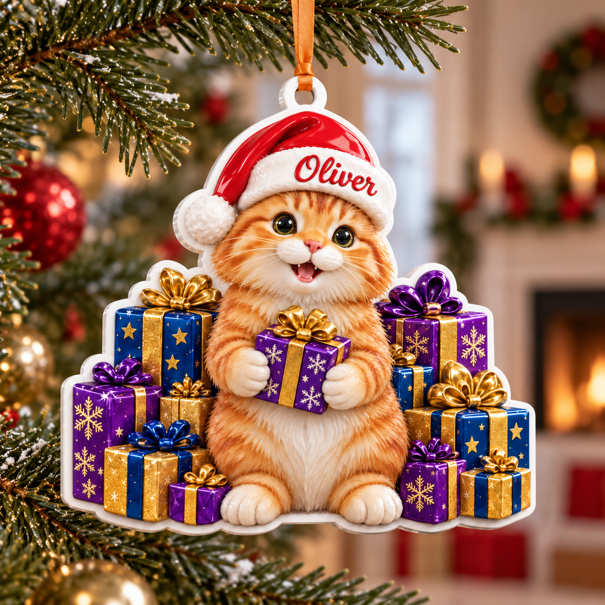 Ginger Cat in Santa Hat with Christmas Gift Boxes Acrylic Hanging Tree Decoration - 3D Relief Ornament