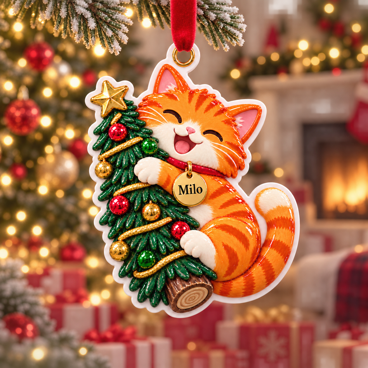 Orange Tabby Cat Hugging Christmas Tree Holiday Keepsake - 3D Relief Ornament