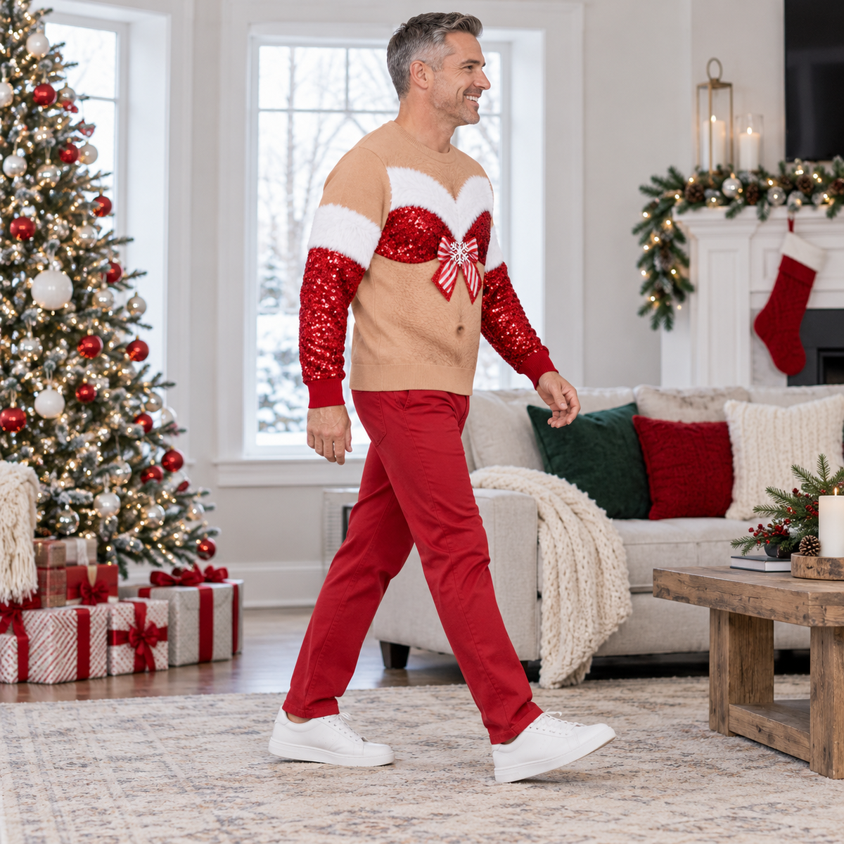 Ugly Christmas Sweatshirt Hairy Chest Sequin Bra Bow Crewneck