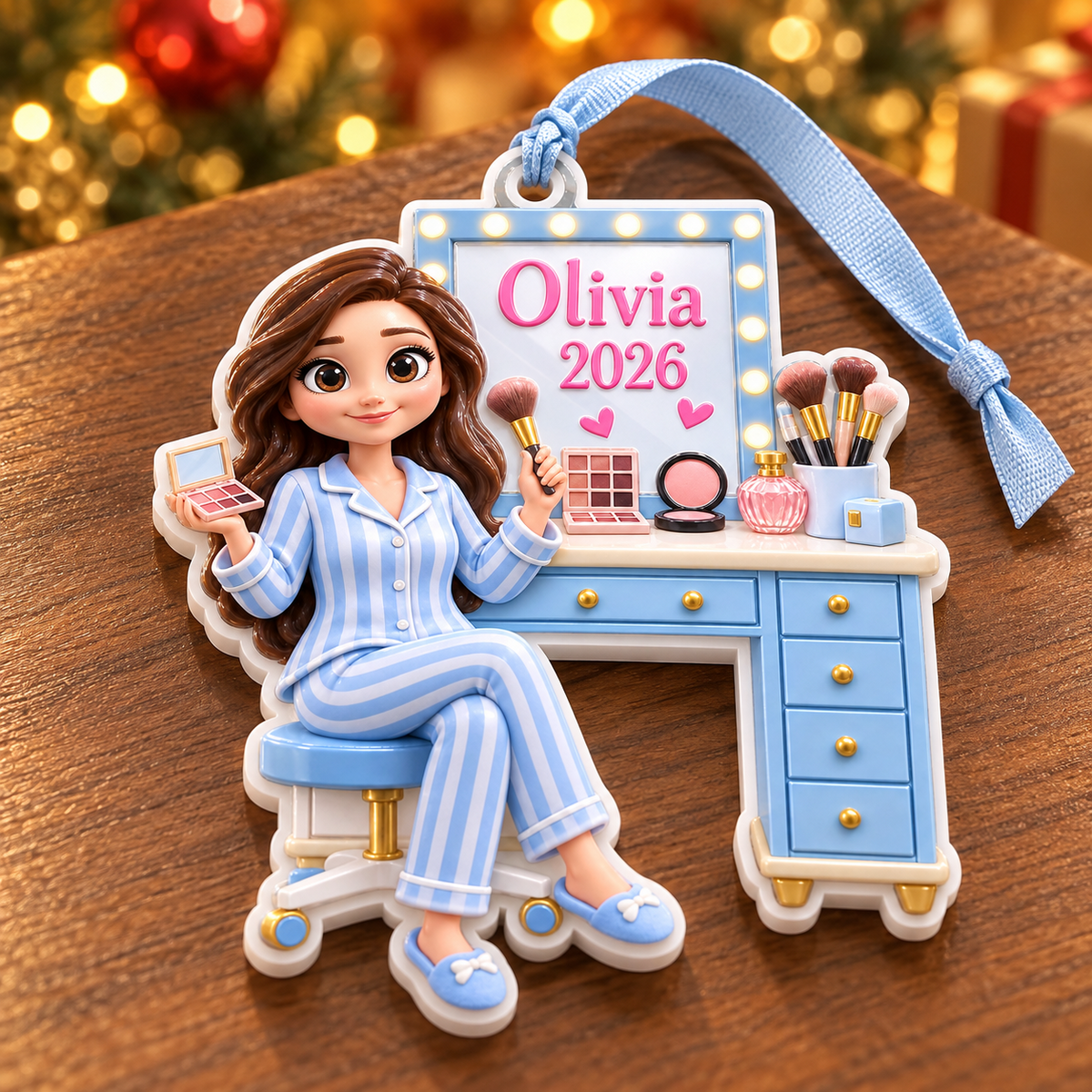 Girl in Pajamas at Vanity Mirror with Makeup Brushes - 3D Relief Ornament