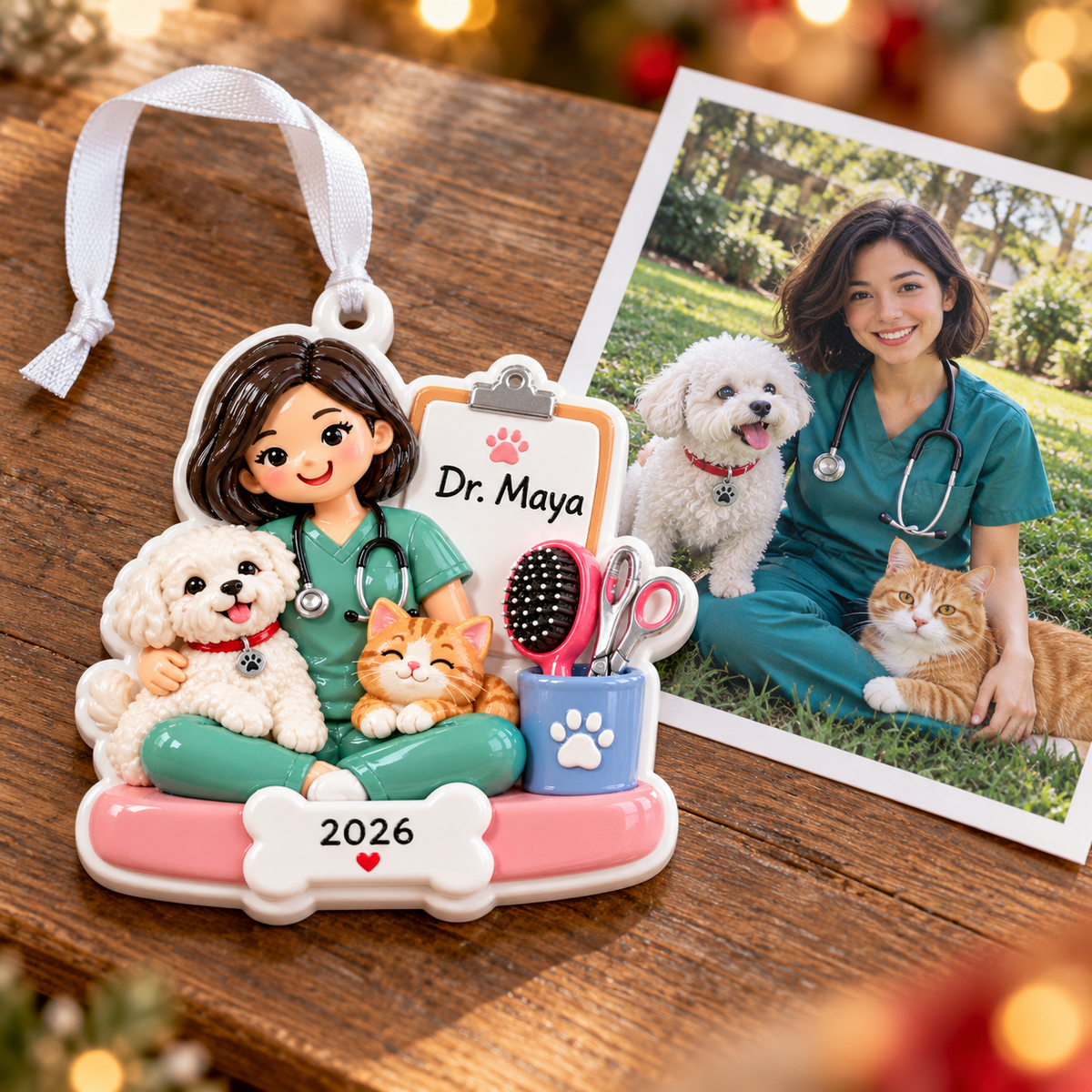 Female Veterinarian with Dog and Cat Resin Figurine Holiday Decor - 3D Relief Ornament