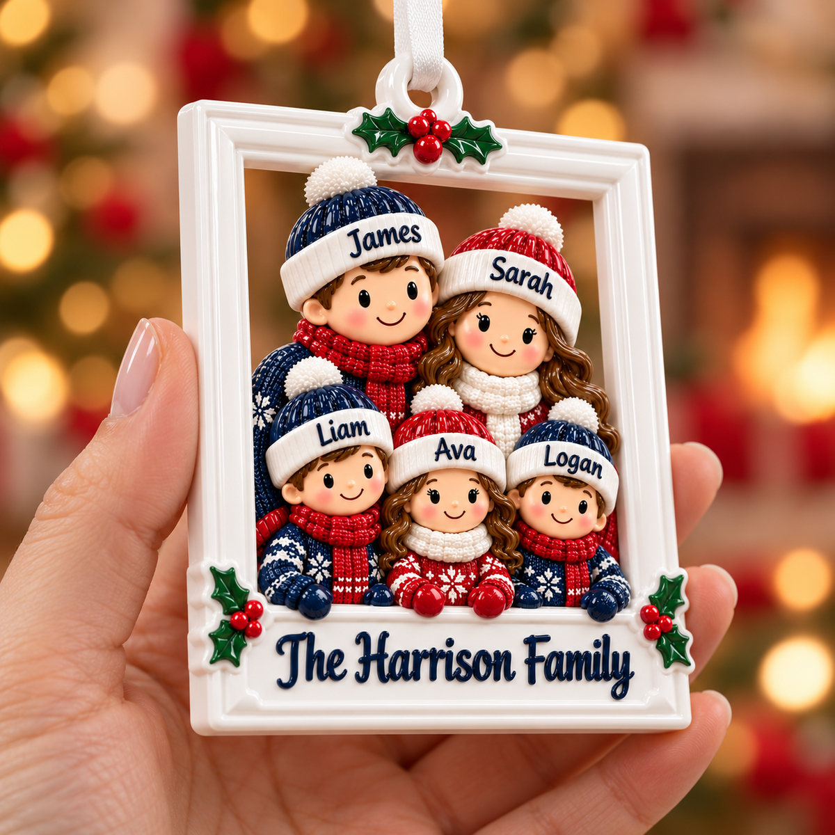 Christmas Family of 7 Winter Beanie Picture Frame Holiday Hanging - 3D Relief Ornament