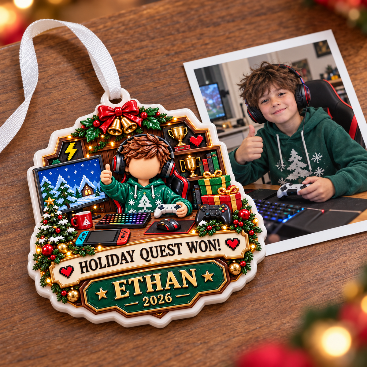 Video Gamer Holiday Quest Boy at Computer Desk Tree Decoration - 3D Relief Ornament
