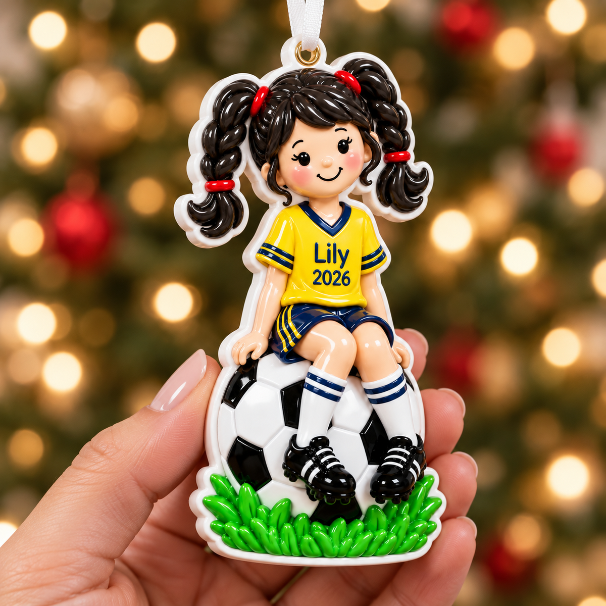 Soccer Player Girl in Yellow Jersey Sitting on Ball Hanging Holiday Keepsake - 3D Relief Ornament