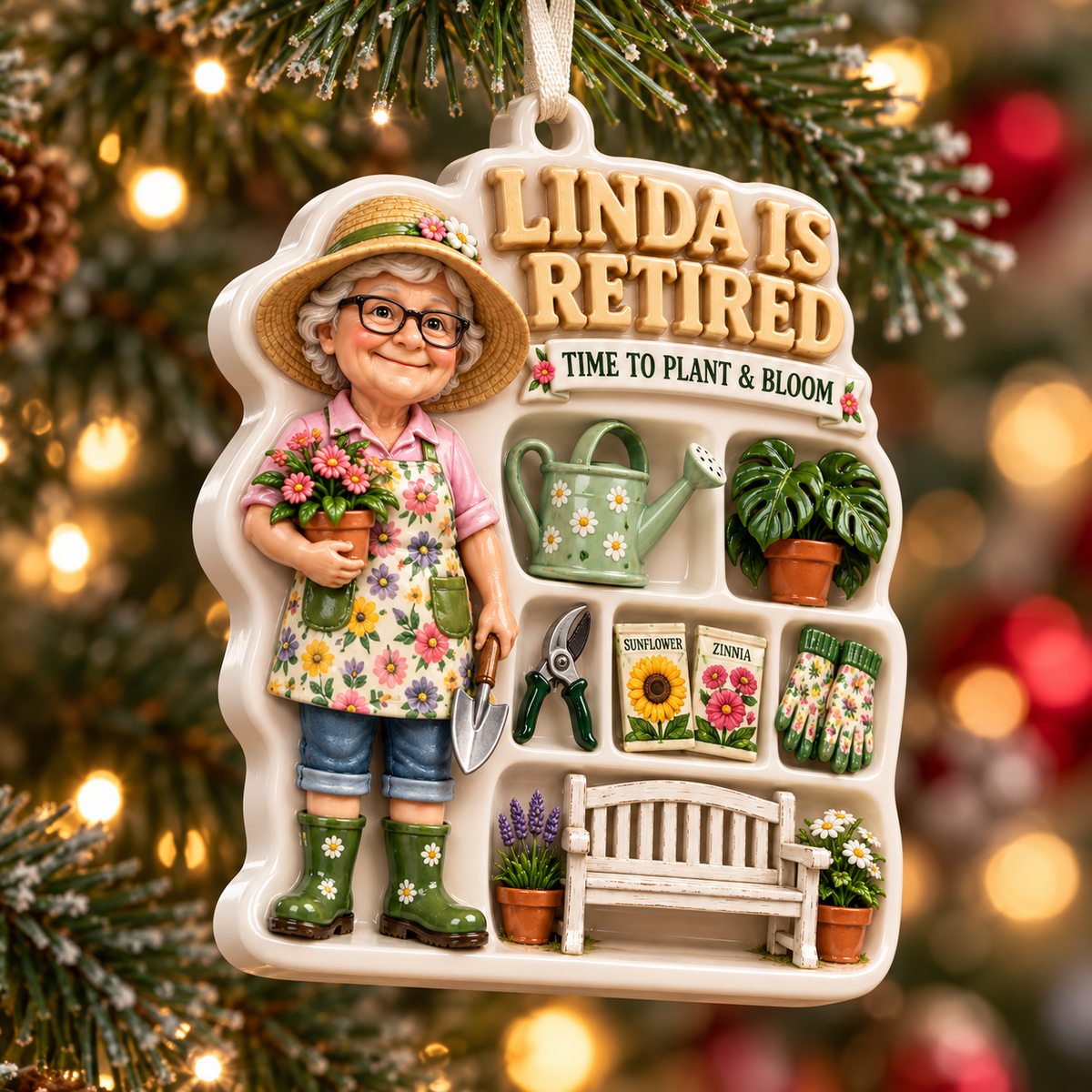 Retired Gardener Woman with Shed Tools and Floral Plants Holiday Keepsake - 3D Relief Ornament