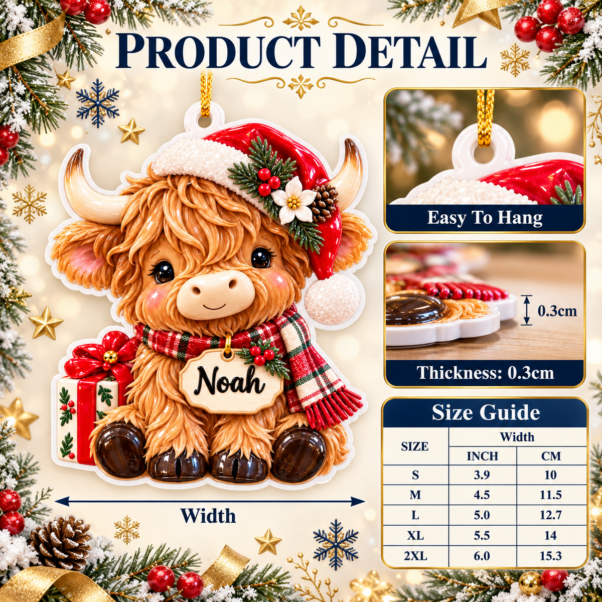 Baby Highland Cow with Santa Hat and Scarf Acrylic Christmas Tree Hanging Decor - 3D Relief Ornament