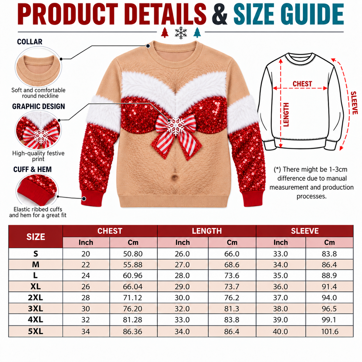Ugly Christmas Sweatshirt Hairy Chest Sequin Bra Bow Crewneck