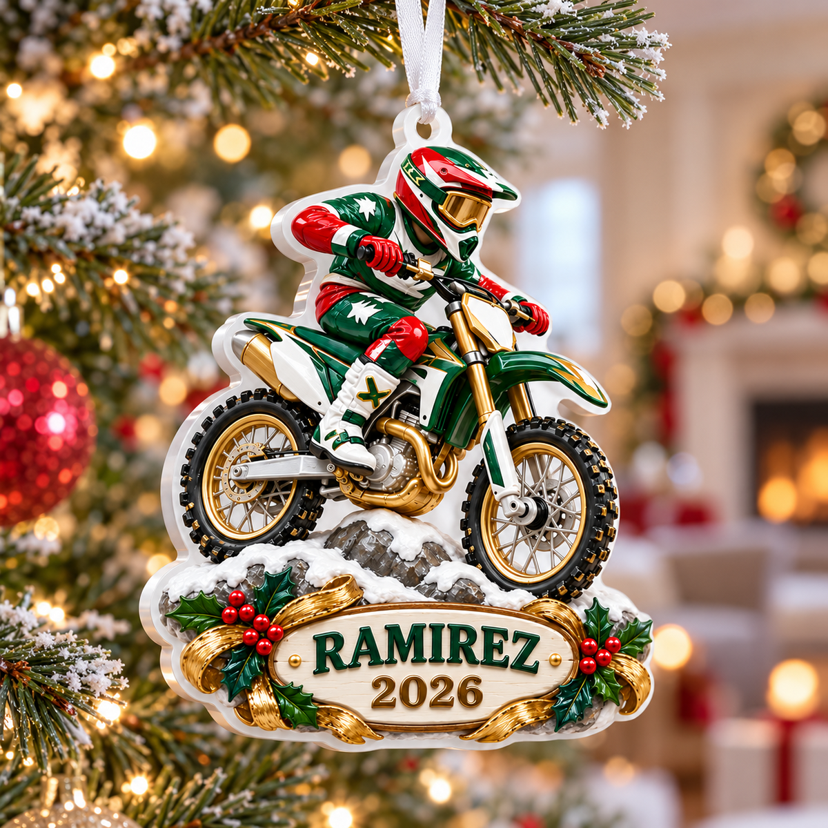 Motocross Dirt Bike Rider with Festive Banner and Holly - 3D Relief Ornament