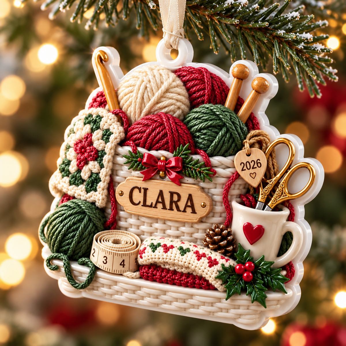 Crochet and Knitting Basket Yarn Balls Holiday Keepsake - 3D Relief Ornament